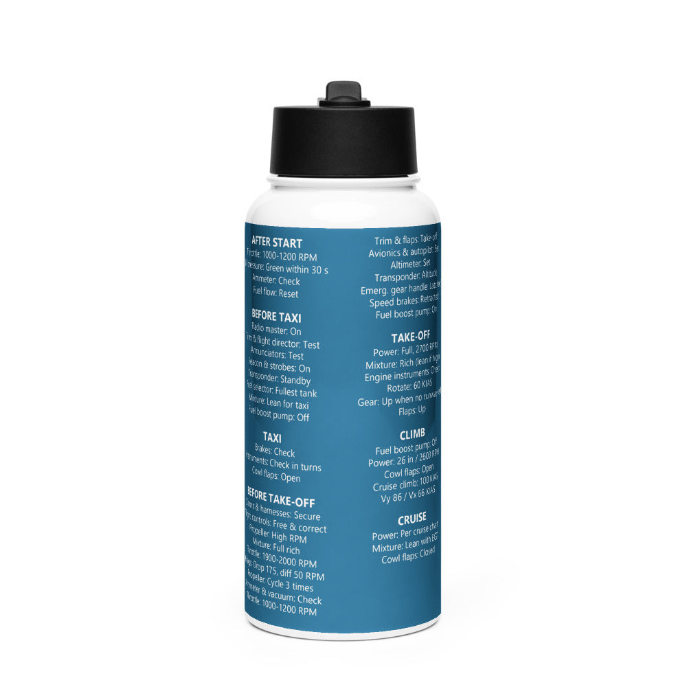 Botella checklist Mooney M20J – azul marino – vista frontal