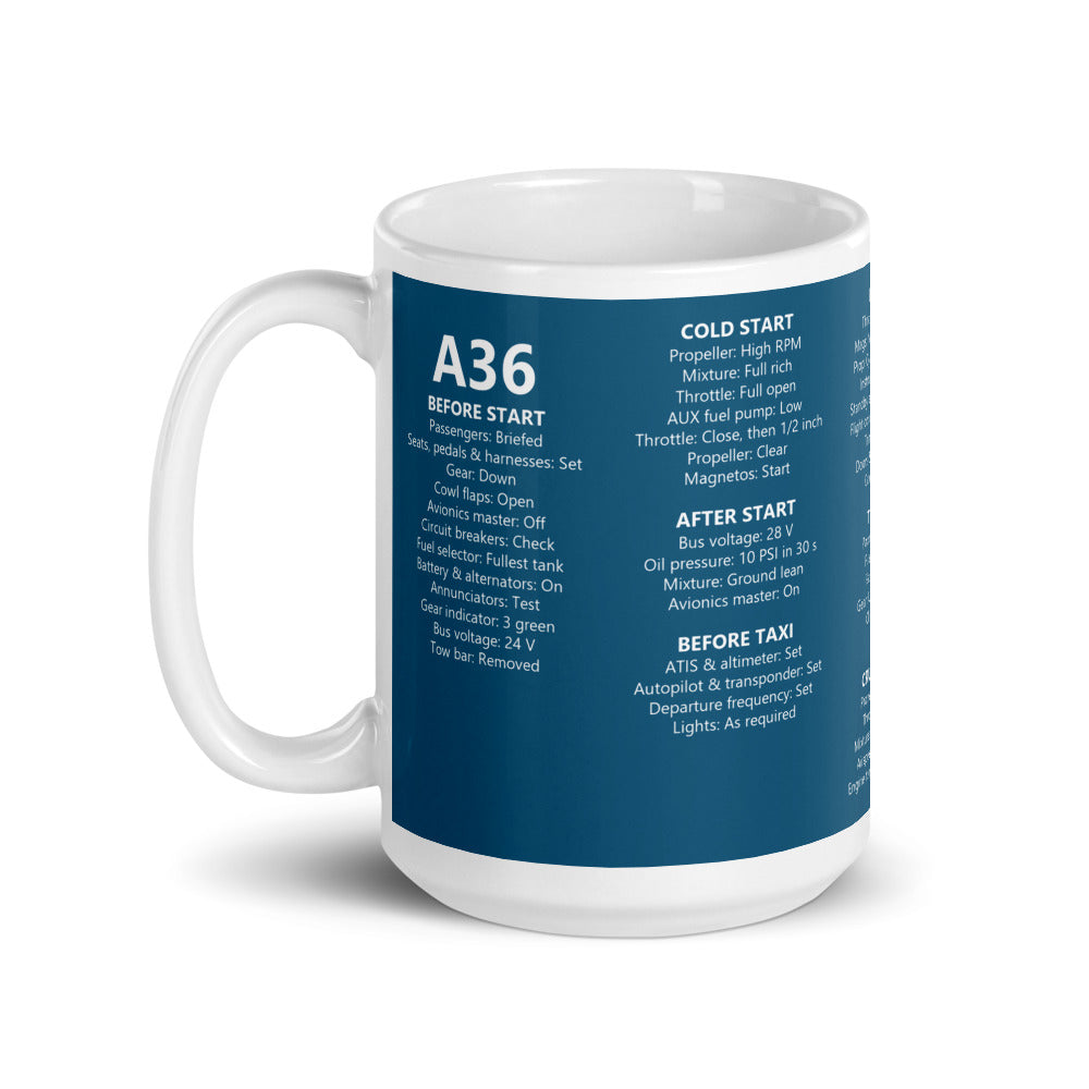 Taza checklist Beechcraft Bonanza A36 – azul marino – asa a la izquierda