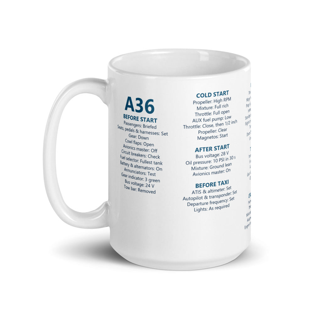 Taza checklist Beechcraft Bonanza A36 – blanco – asa a la izquierda