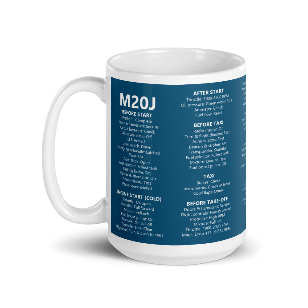 Taza checklist Mooney M20J – azul marino – asa a la izquierda